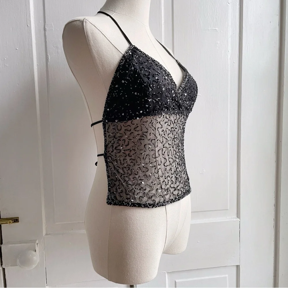SOLD Vintage 90s/Y2K Beaded Sequin Sheer Mesh Open Back Tie Halter Top - Picture 3 of 7